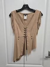 BEBE Vintage Y2K Women's Small, Grommet  Laced Up Top With Fringe, Suede Like