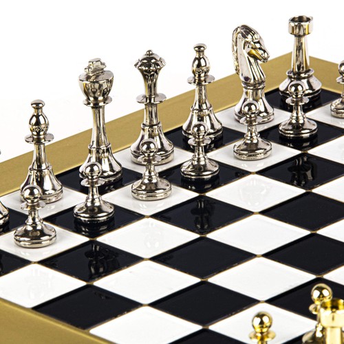 Classic Metal Staunton Chess Set Gold & Silver Chessmen 36cm Manopoulos S34BLA - Picture 5 of 7