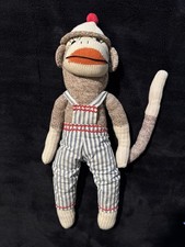 vtg handmade sock monkey Small ears hat button eyes 19" tall EXCELLENT condition
