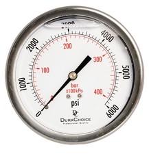 4" Oil Filled Pressure Gauge, SS Case, 1/4" NPT, Center Back Mount, 0-6,000PSI