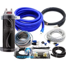 pkg POWER BASS ASC1.2 DIGITAL VOLTAGE FARAD 1.2 CAPACITOR + 0 GAUGE WIRE AMP KIT