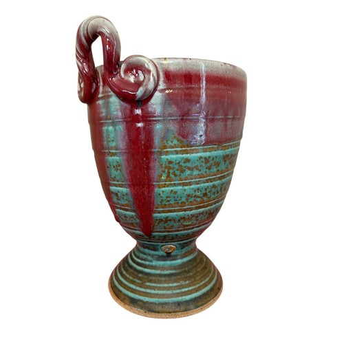 Beautiful Round Green and Red Glaze Ceramic Planter With Handles Marked 9.75”T - Picture 3 of 10