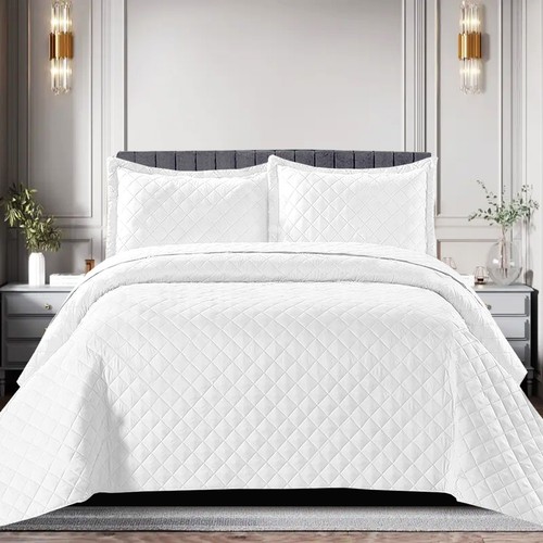 3 Piece Quilted Bedspread Bed Throw Embossed Bedding Set Single Double King Size - Picture 4 of 37