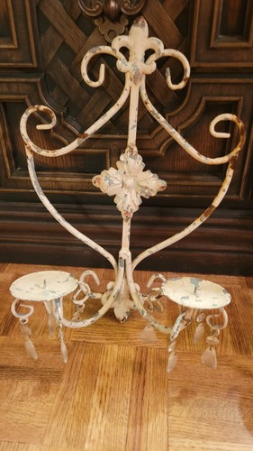 Pair Distressed Iron & Metal Wall Sconce Candle Holder w/Plastic Crystals Shabby - Picture 4 of 15