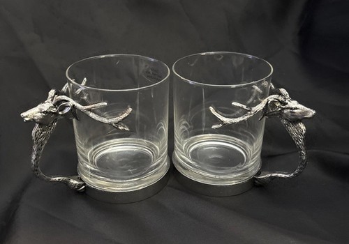 Majestic Stag Deer Handled Whiskey 12oz Glass Tumbler Barware Set Of 2 - Picture 1 of 6