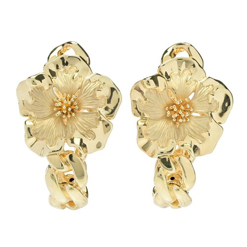 Graziella 23K Gold Plated Electroform Hibiscus Curb Link Hoop Earrings - Picture 2 of 2