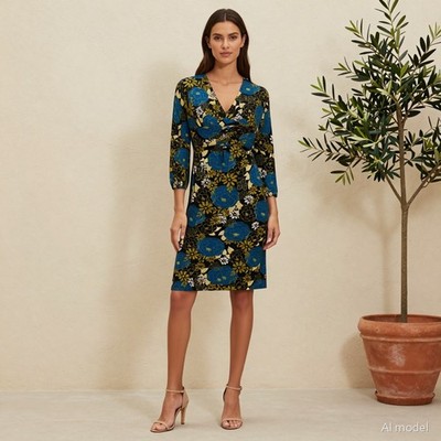 Vintage Retro Knielang Kleid Mehrfarbig Blumen Jersey Wickel Langarm Mod 40