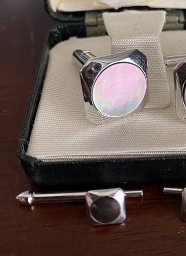 Vintage Sears Abalone Edelstahl Manschettenknöpfe Set schwarz Perlmutt Smoking Hochzeit - Bild 7 von 12