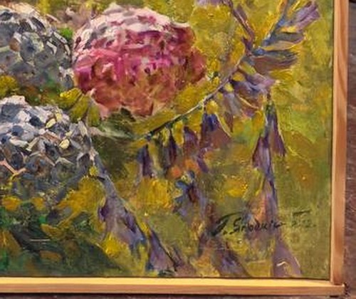 Old OIL Hand PAINTING/Tree MALLOW at Seashore/Canvas Ukrainian Signed 49"=1.3m - Picture 2 of 5
