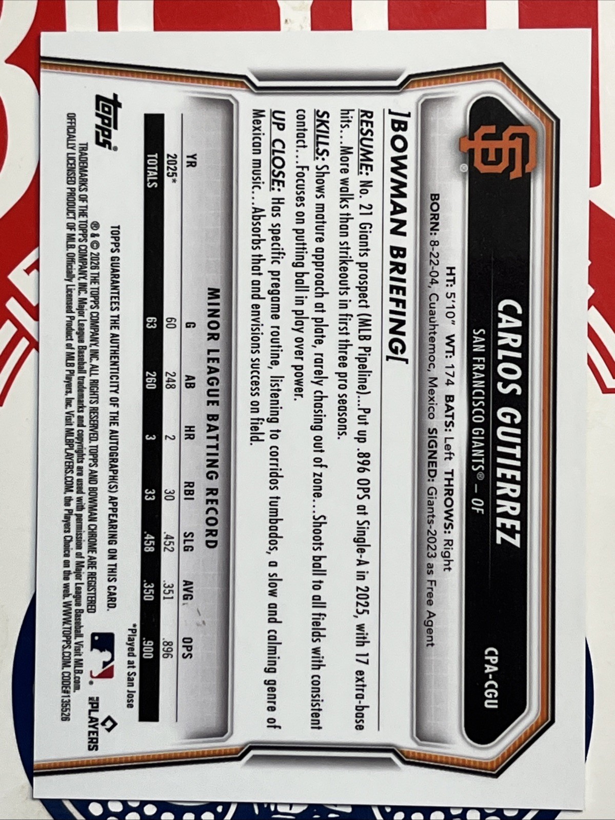 2026 Bowman Chrome Carlos Gutierrez #CPA-CGU Gold Shimmer Auto /50 Giants AU RC view 3