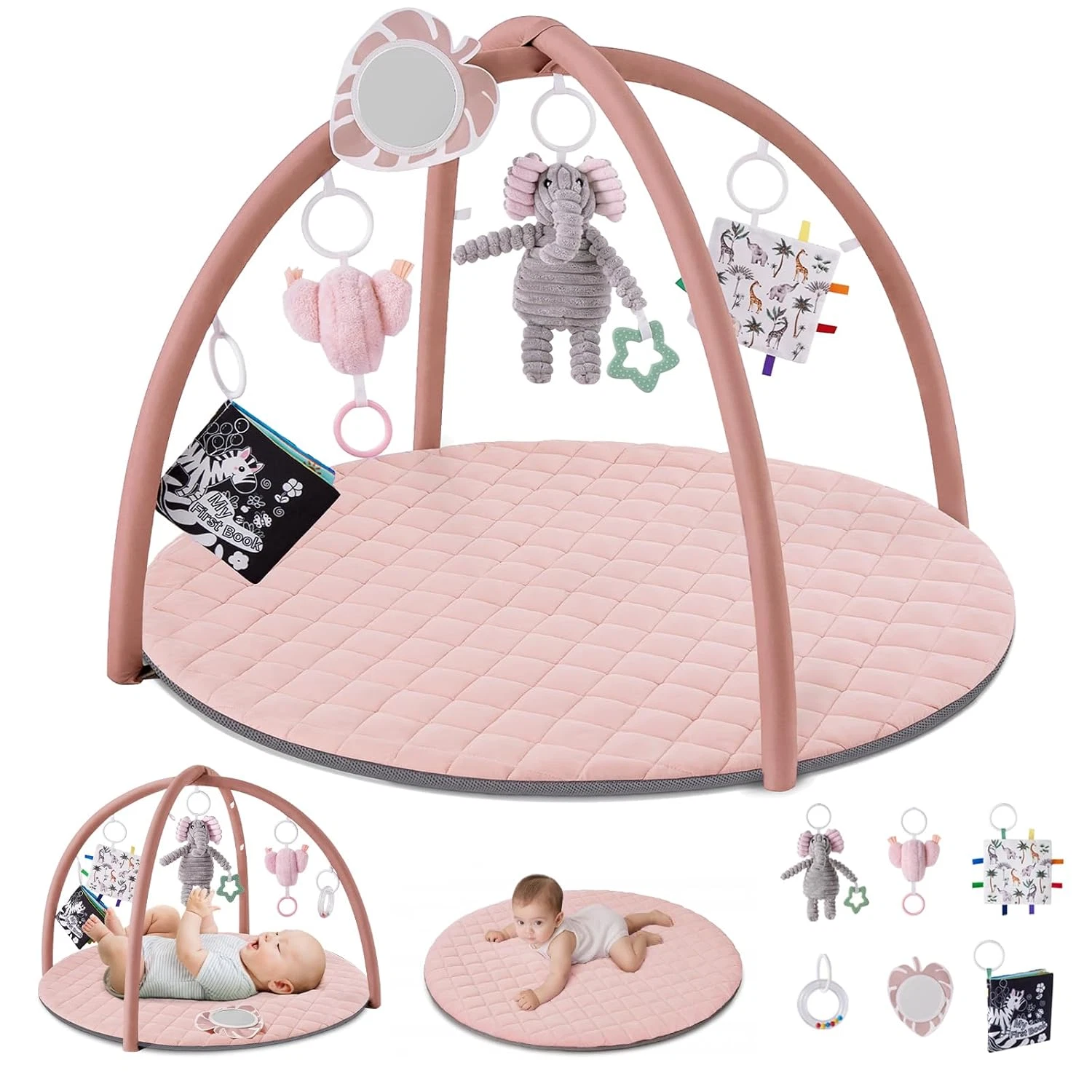 Baby Play Gym Mat,Tummy Time Activity Mat w/ 6 Detachable Toys-Skill Development