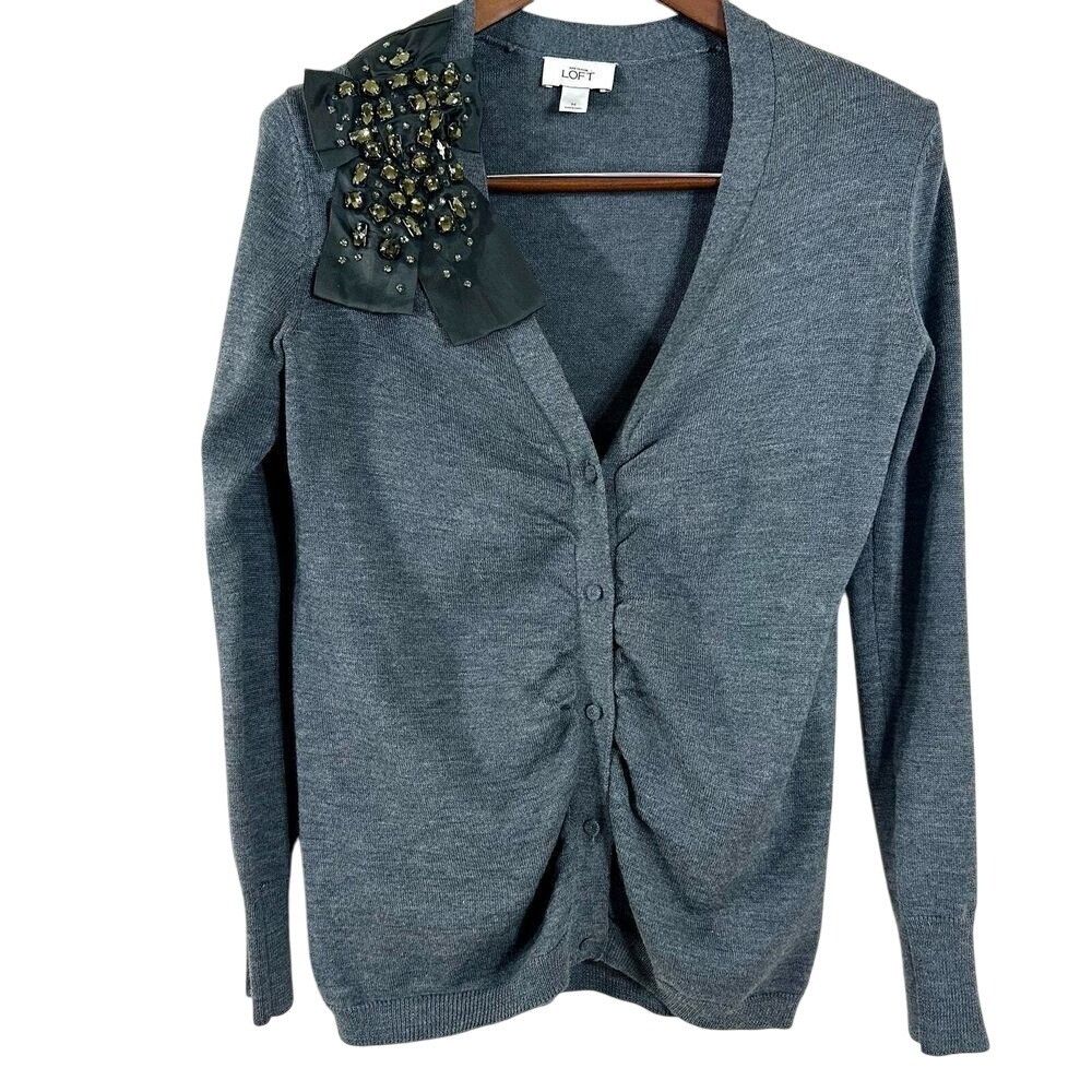Ann Taylor Loft Women's Cardigan Gray Paillette Merino Wool Blend Sweater Size M