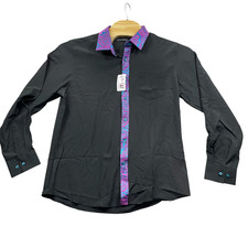 Barry Wang Large NEW Black Paisley Collar Polyester Blend Button Up Shirt