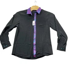 Barry Wang Large NEW Black Paisley Collar Polyester Blend Button Up Shirt