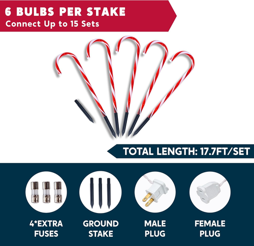 16" Christmas Candy Cane Pathway Markers Lights Set of 12 with Warm White for Xm - Picture 3 of 8