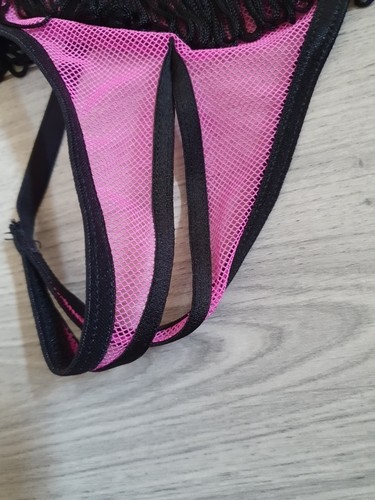 BNWOT Vintage Ann Summers Pink Fishnet Fringed Split Crotch Thong Size Small - Picture 5 of 20