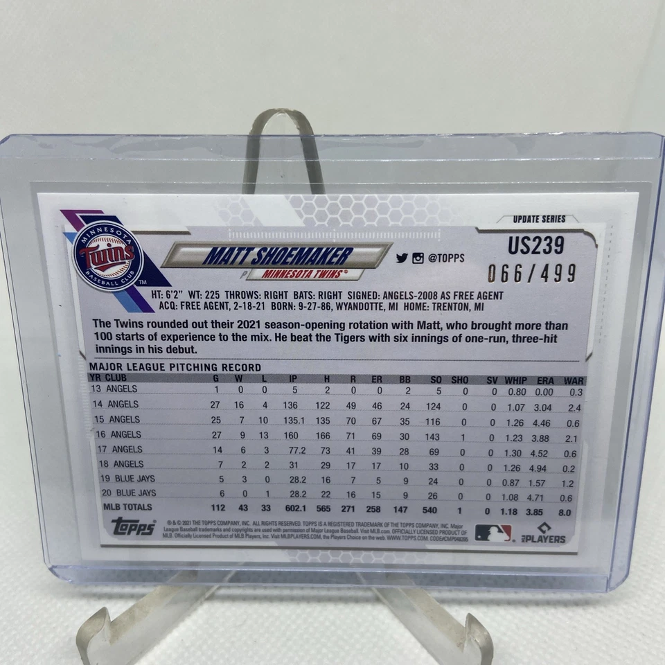2021 Topps Update Matt Shoemaker #US239 Green Ice Parallel /499 Twins - Image 2 of 2