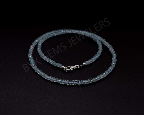 AAA+ Natural Aquamarine Beaded Necklace, Faceted Blue Aquamarine Rondelle Beads - Picture 3 of 4