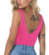 ReoRia Hot Pink V-Neck Double Lined Wide Strap Bodysuit Spring Summer Size S