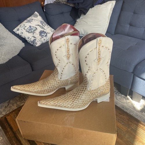 Men's Size 9.5 El General White Leather Shiny Gold Very Pointy Cowboy Boots NWT - Picture 3 of 8