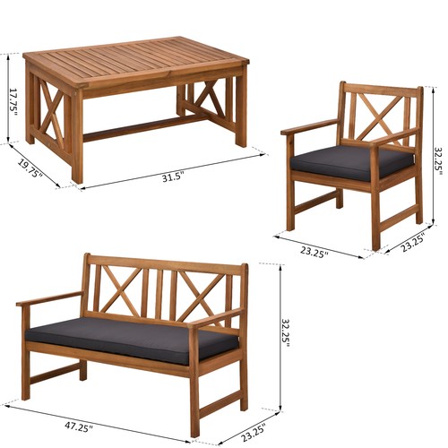 4-Piece Acacia Wood Backyard Conversation Chat Seating Set w/ Cushions Teak/Grey - Picture 2 of 11