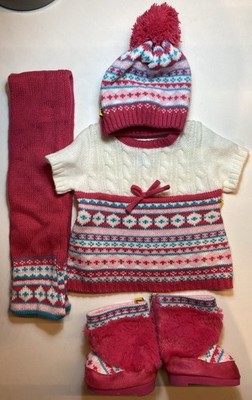 Build a Bear Fair Isle Strick Kleid Mütze Schal Stiefel Set Paket Mädchen Winter Outfit