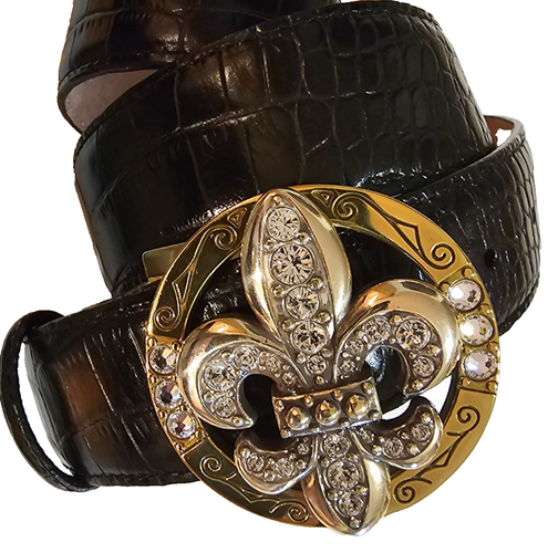 Women's 36 BRIGHTON Black Leather Belt W/ Rhinestone Fleur De Lis Buckle USA - Picture 2 of 7