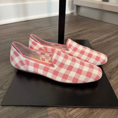 Rothy's Marta Ferri Merino Wool Square Toe Pink Check Slip On Flats 7.5 NEW Shoe