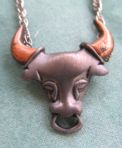 Bull Head Taurus Necklace with Copper Colored Horns - Picture 2 of 3