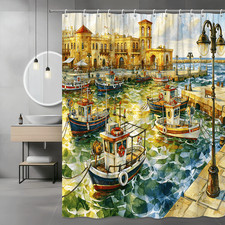 Coastal Harbor Boats Shower Curtain Watercolor Harbor Scene