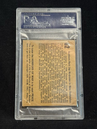 1938 GUM INC HORROR OF WAR R69 CARD #62 BOMBERS RAID JAPANESE AIRDROME PSA 5 EX - Picture 2 of 2