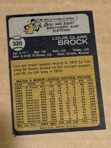 1973 Topps - #320 Lou Brock - Picture 2 of 2