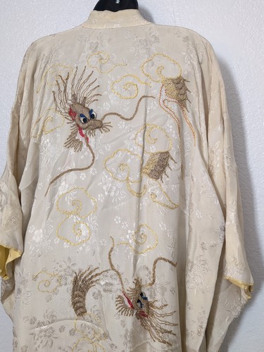 Vintage Golden Dragon Embroidered Silk Kimono Robe Stains - Picture 2 of 24