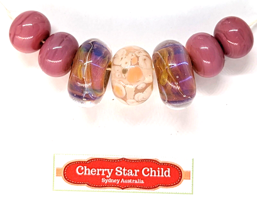 7x artisan handcrafted handmade glass beads NWT pink silverglass fritwork lge ho - Picture 2 of 7
