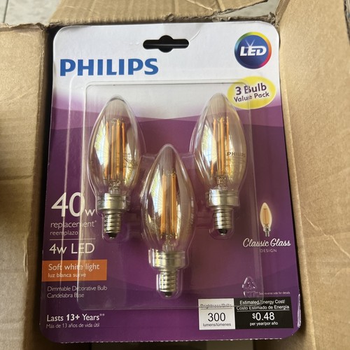 Philips Soft White 40W/4W Dimmable LED Classic Glass Candelabra Base 3 Pack - Picture 3 of 3