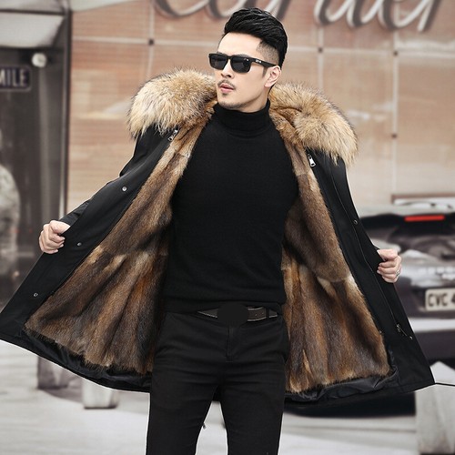 Men Winter Real Natural Fur Collar Hooded Parka Mink Fur Liner Jackets Warm Coat - Picture 26 of 29