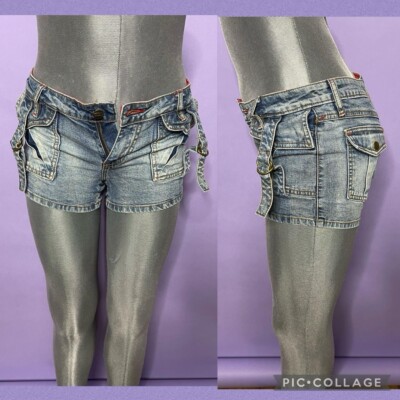 2000s Low Rise Denim Micro Mini Shorts Utility Cargo Buckle