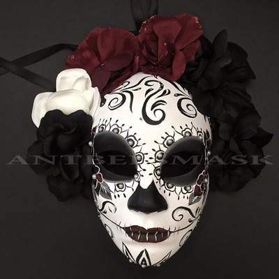 Halloween Day Of Dead Pearl Beads Decorated Black Eye Floral Mask