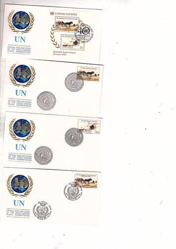 40th Anniv 1985 ONU NYC #447-8 GINEBRA #135-7 VIENNA # 52-4 3 S/S 11 FDCS bb5 - Imagen 2 de 3