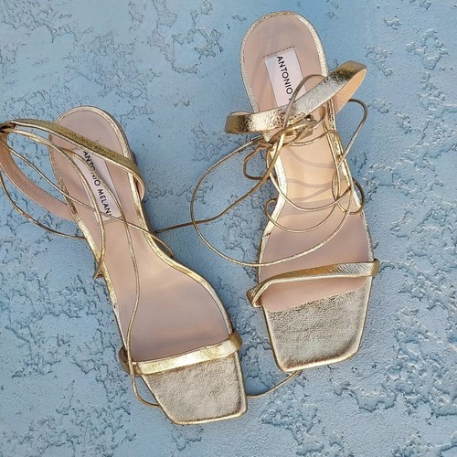 Sz 8 |✨️NEW✨️Antonio Melani the Maryamm Metallic Gold Lace-Up Wedge Sandals - Picture 2 of 8