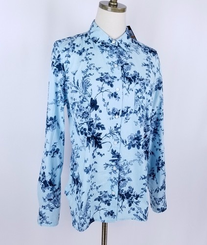 NWT Tommy Hilfiger Long Sleeve Button Up Floral Shirt Womens Size S Blue Striped - 第 2/8 張圖片