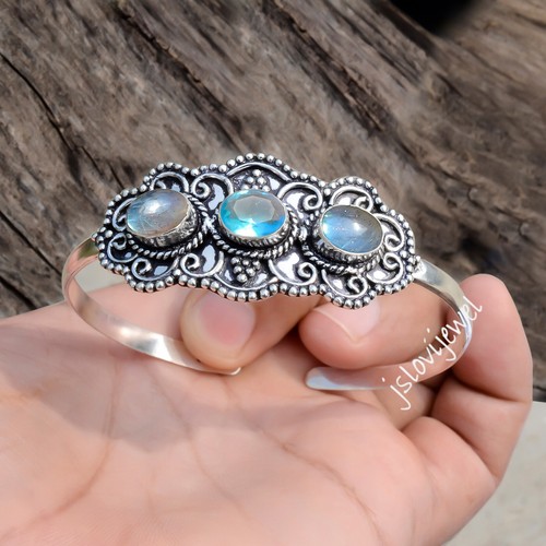 London Blue Topaz & Labradorite Gemstone Bangle 925 Sterling Silver Latest Cuff - Picture 4 of 5
