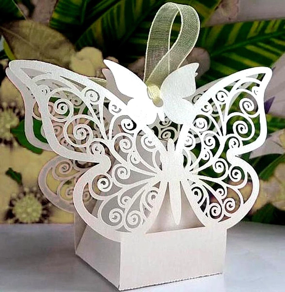 100piece Laser Cut Butterfly Candy Boxes Wedding Favor Chocolate Box with Ribbon - Image 2 of 3