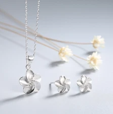 STERLING SILVER HAWAIIAN PLUMERIA FLOWER CZ Pendant Necklace Earrings Set B40