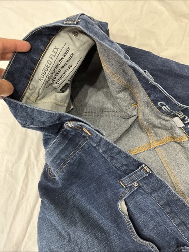 Pantalones de mezclilla Carhartt para hombre resistentes flexibles pierna recta azules talla 42x32 informales relajados años 90 - Imagen 17 de 19