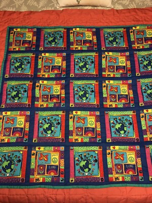 Handmade Baby Quilt, Panel Of The World, 41x41 , Orange Print Backing. Easy Care
