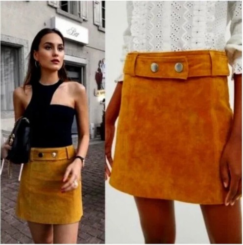 Minifalda de cuero ZARA amarillo mostaza gamuza real cinturón falda PVP £50 talla S - Imagen 2 de 6