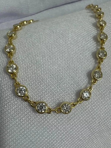 12 ct Round Simulated Diamond Round Link Tennis Bracelet 14k Yellow Gold Plated - Picture 2 of 7