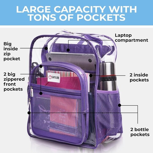Transparent Purple Clear Backpack - 32L Heavy Duty & Travel-Friendly Design - Picture 5 of 11