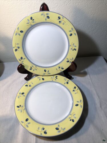 Set of 4 Royal Doulton 10.25" Dinner Plates Blueberry Pattern Yellow Rim - Picture 2 of 6